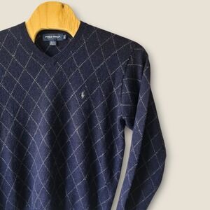 Polo Golf Ralph Lauren Men's V-Neck Argyle Sweater Navy L 60% Alpaca 40% Wool
